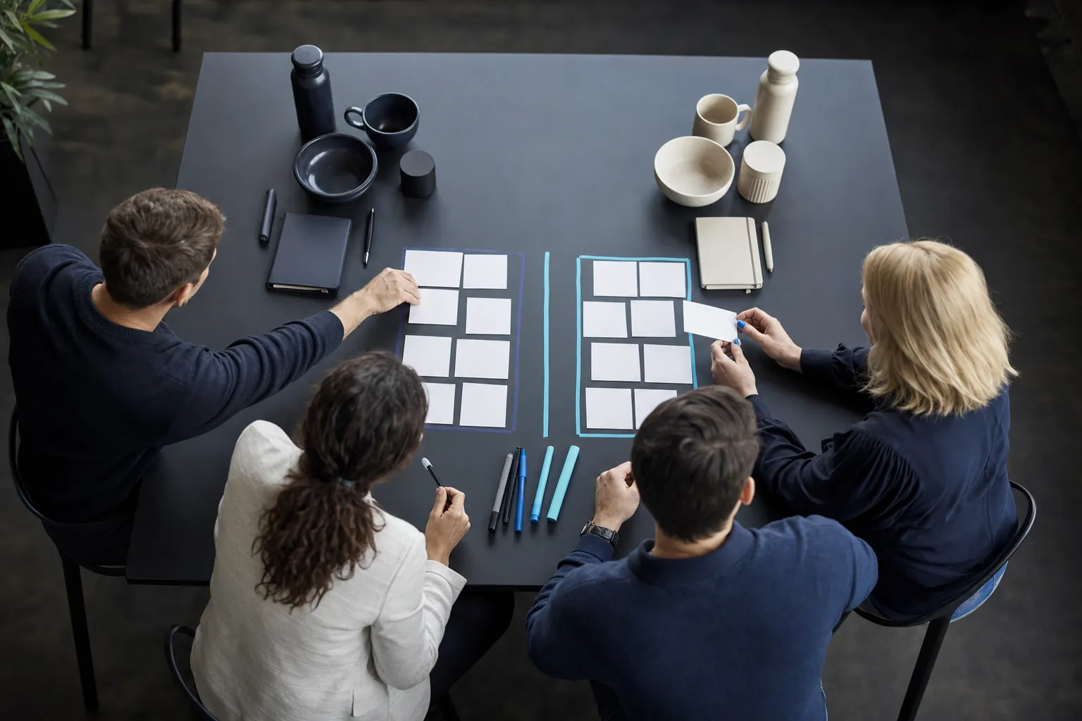 Marketing team arranging two groups of test cards on a table
