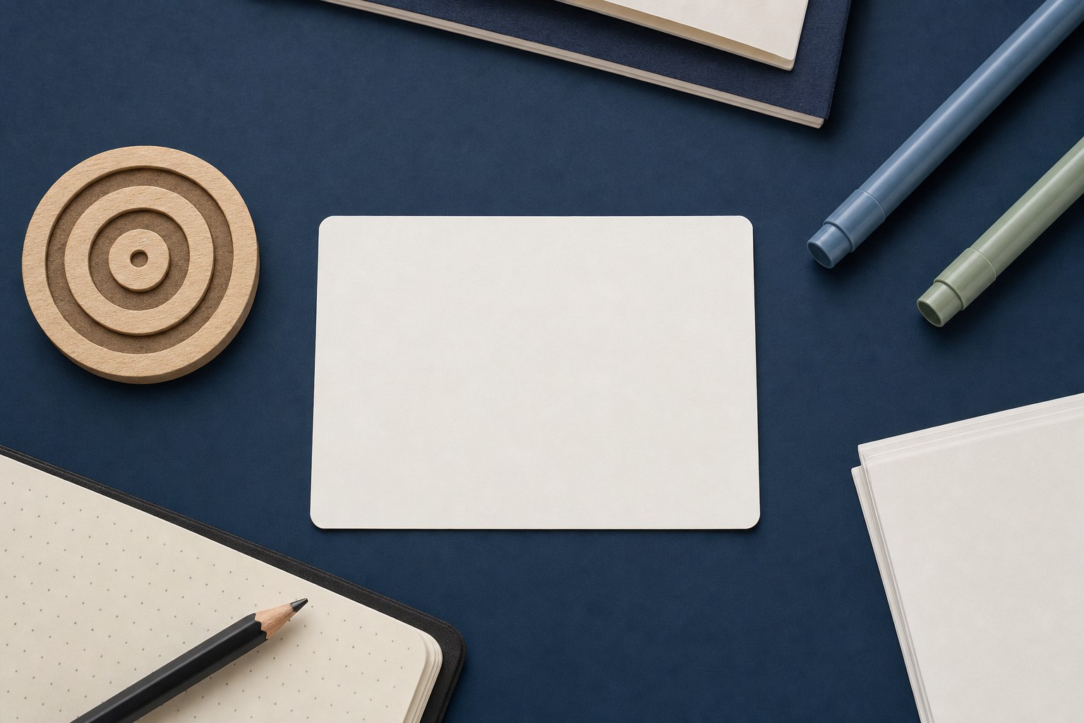 Blank objective card, wooden target token, notebook, and pencils on a navy desk