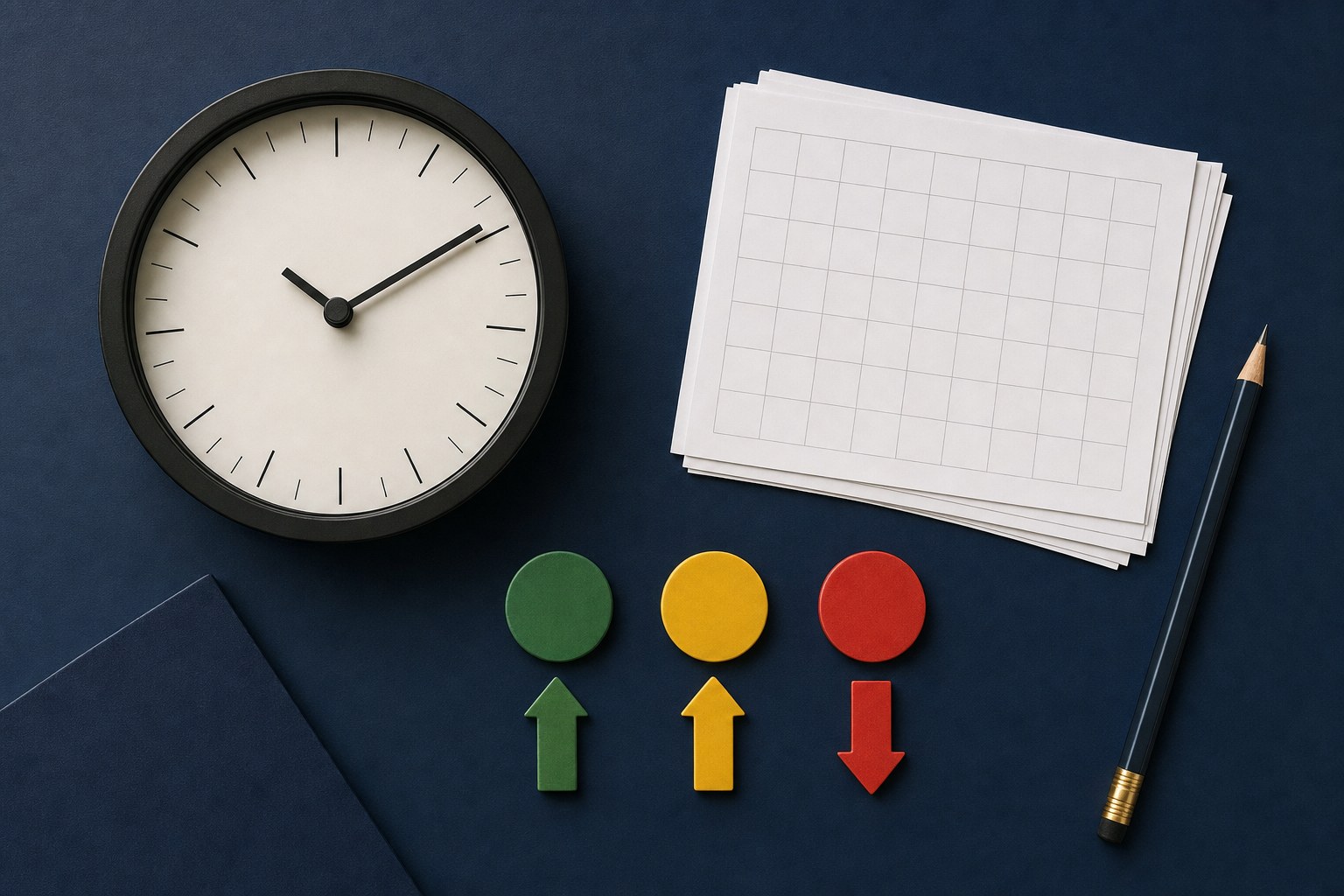Clock, blank calendar grid, pencil, and colored decision markers on a navy desk