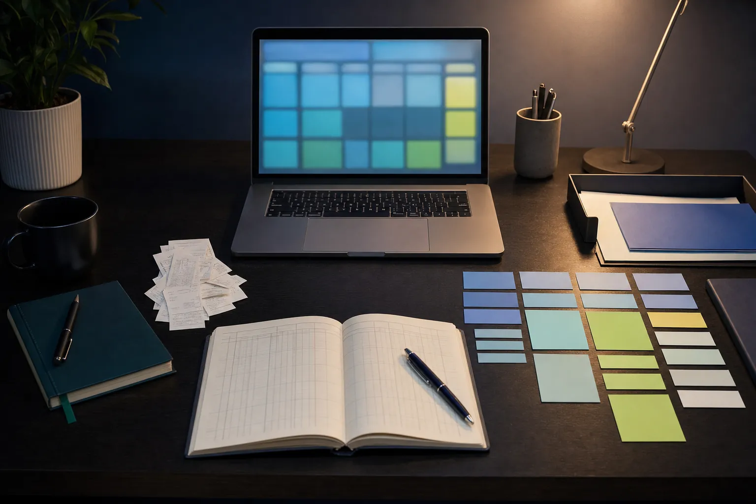 Organized analyst workspace with a laptop, receipts, ledger, and colored planning cards