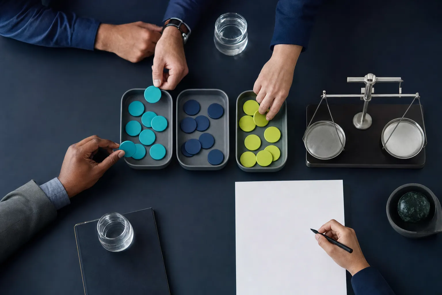 Team members moving colored tokens between trays beside a balance scale during a budget workshop