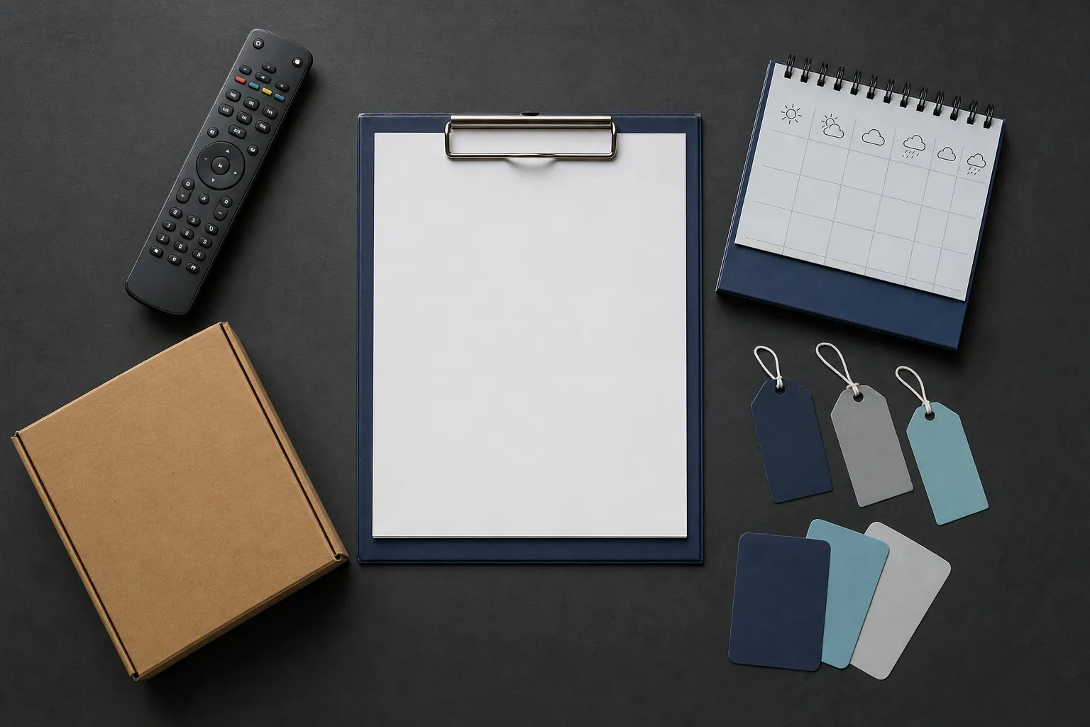 A remote control, delivery box, calendar, and colored tags arranged around a blank planning sheet