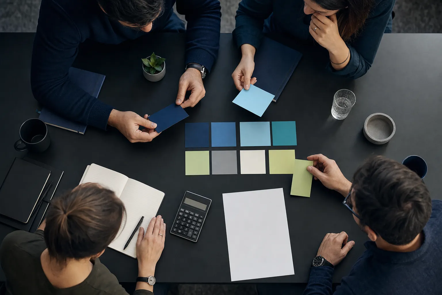 Marketing team comparing colored planning cards around a conference table
