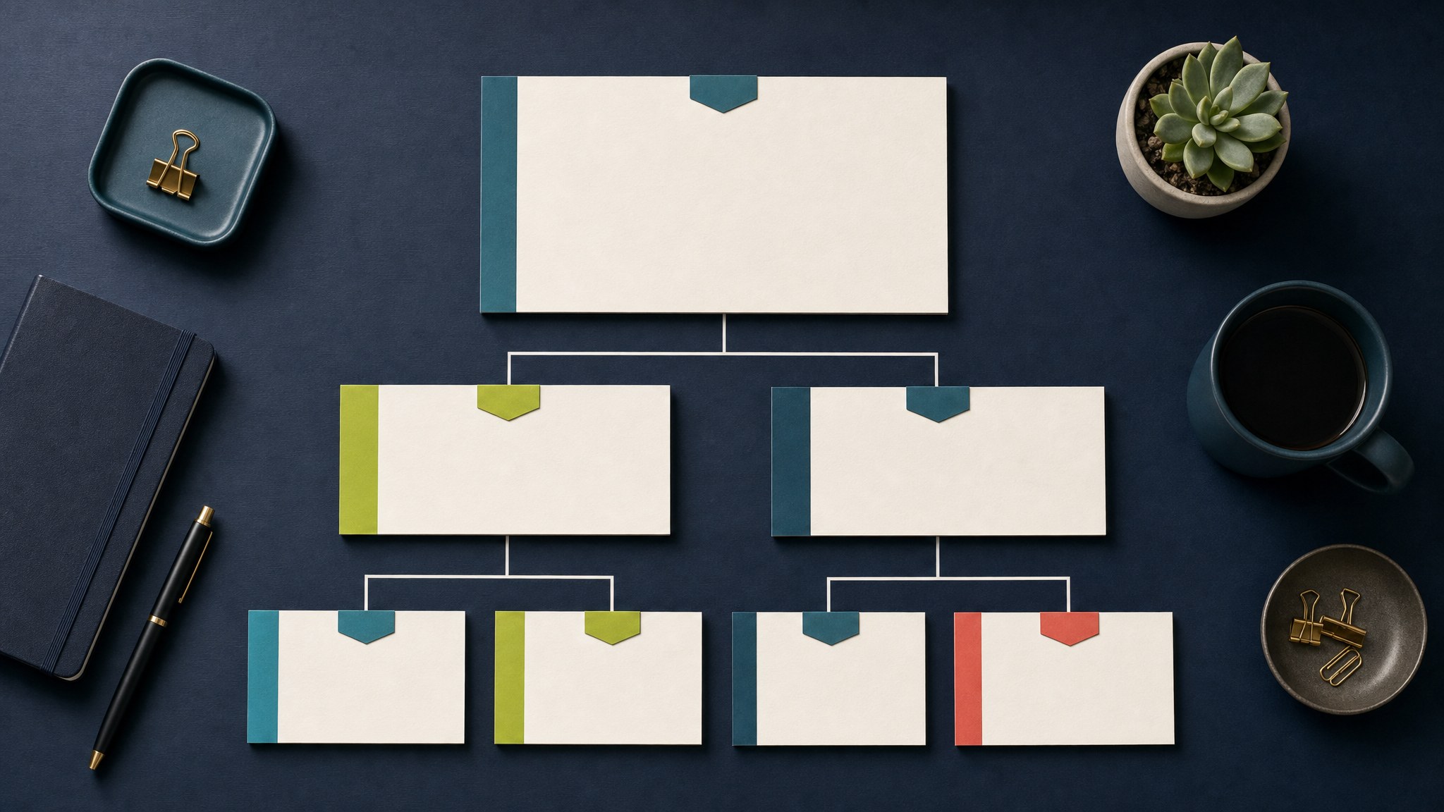 Blank report cards arranged in a hierarchy on a dark navy desk