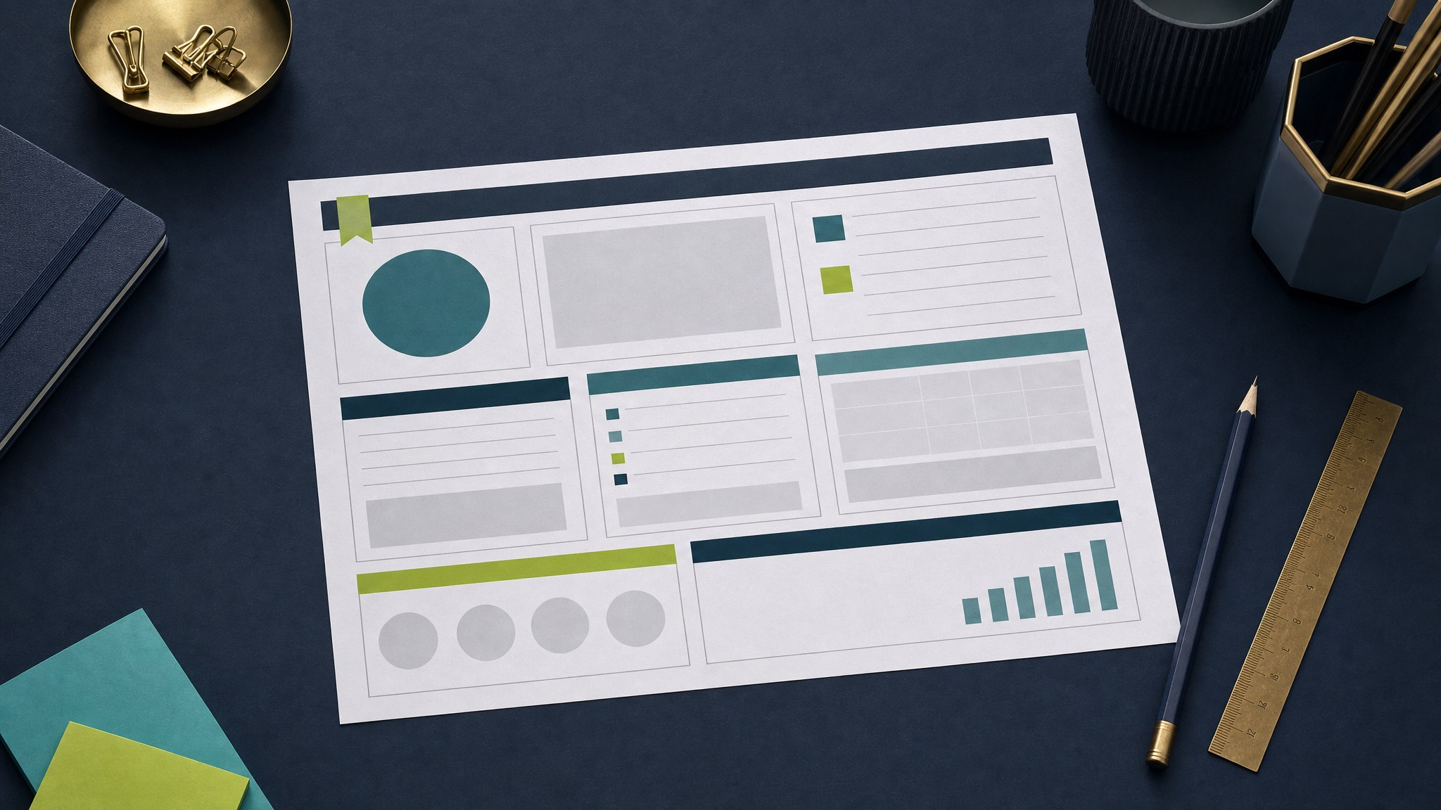 Blank marketing reporting worksheet, pencil, ruler, and color markers on a dark navy desk