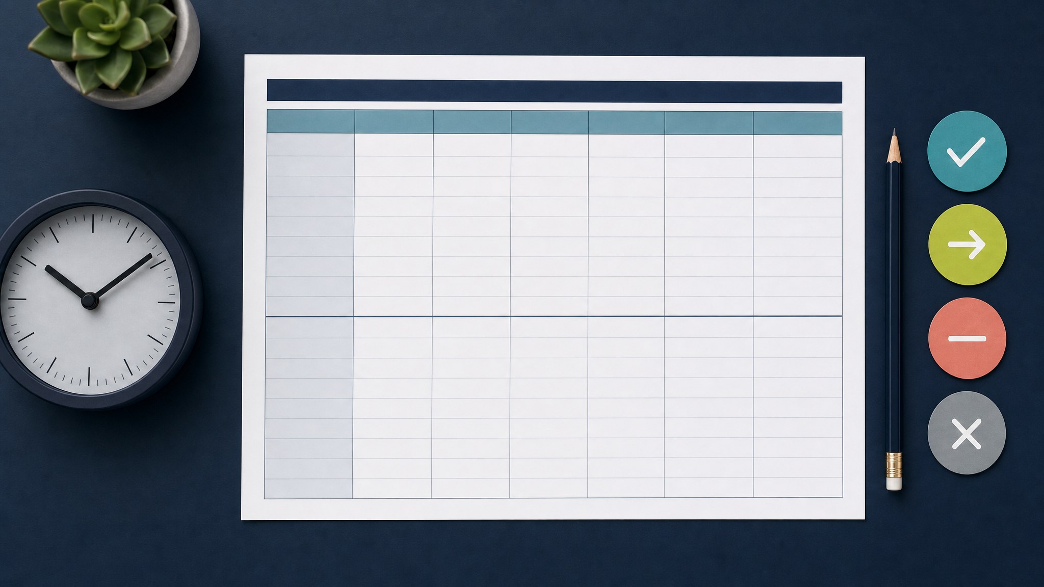 Blank monthly review worksheet with clock, pencil, and decision markers on a dark navy desk