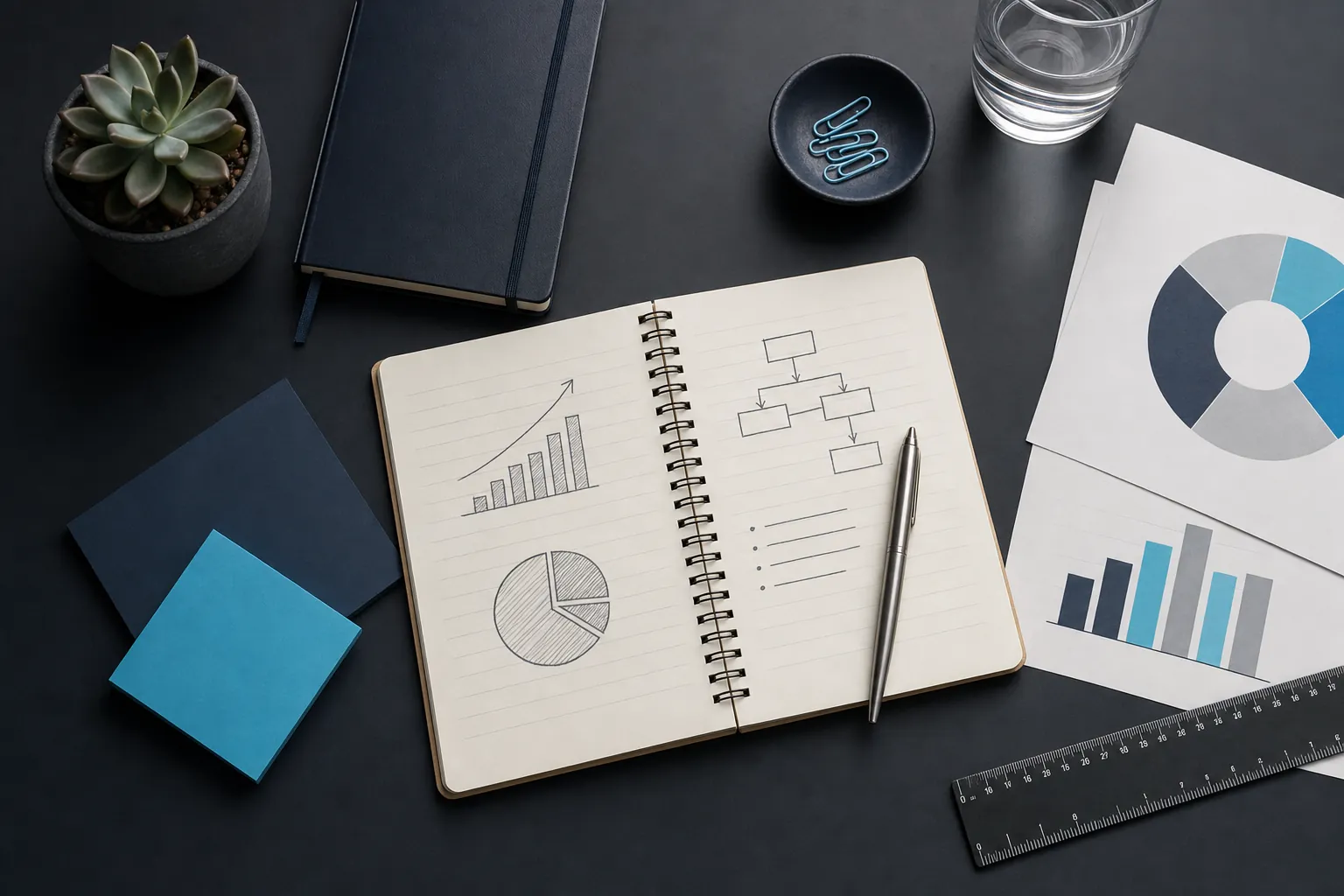 Notebook and planning materials arranged on a dark desk