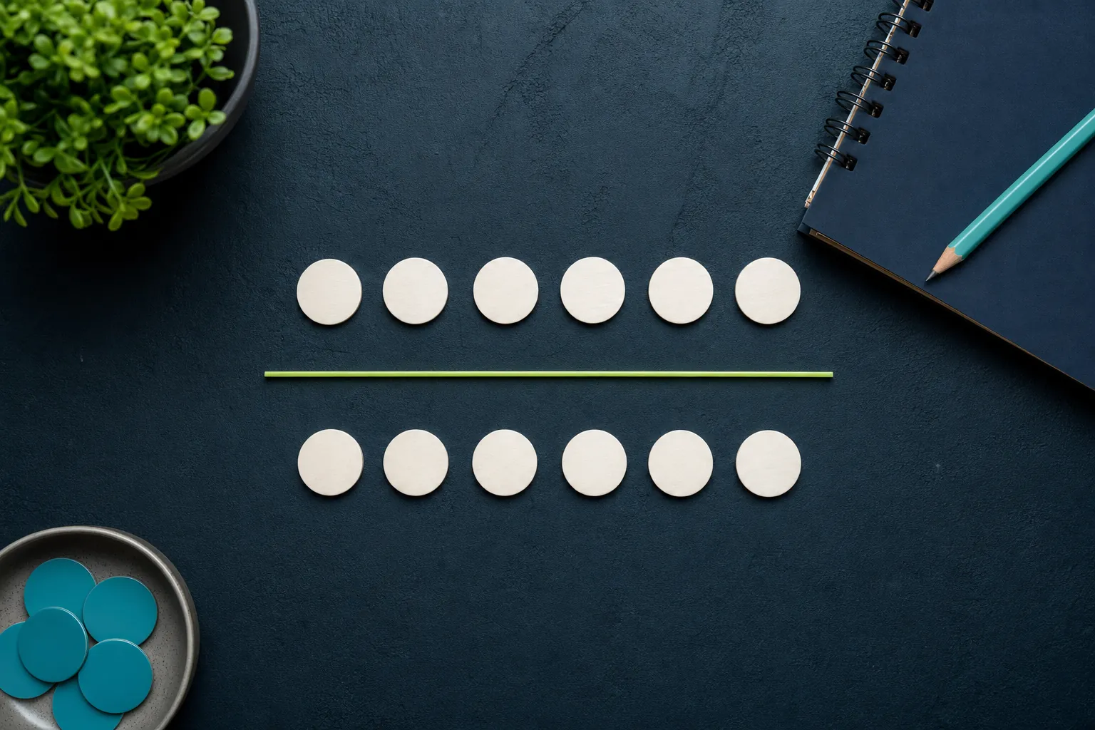 Two identical rows of white tokens separated for a controlled comparison