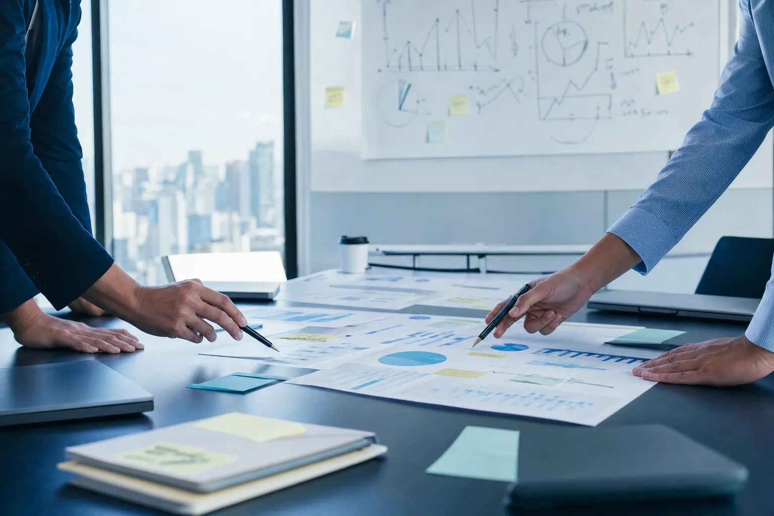 Marketing team reviewing channel performance reports around a meeting table
