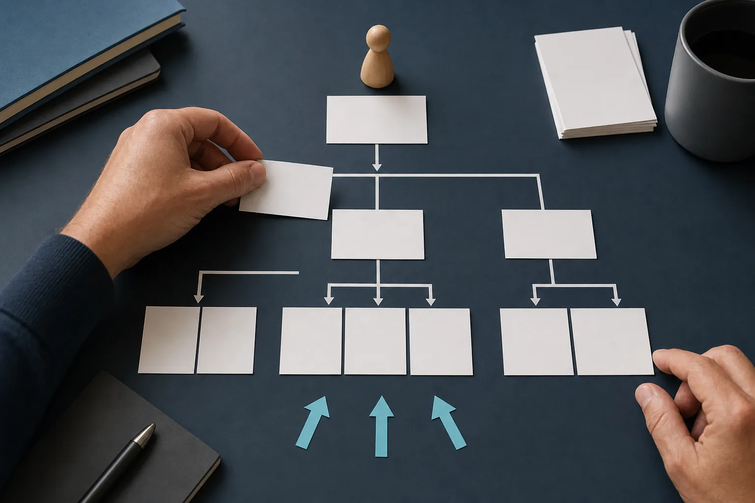 Hands arranging blank cards into a hierarchy on a dark desk