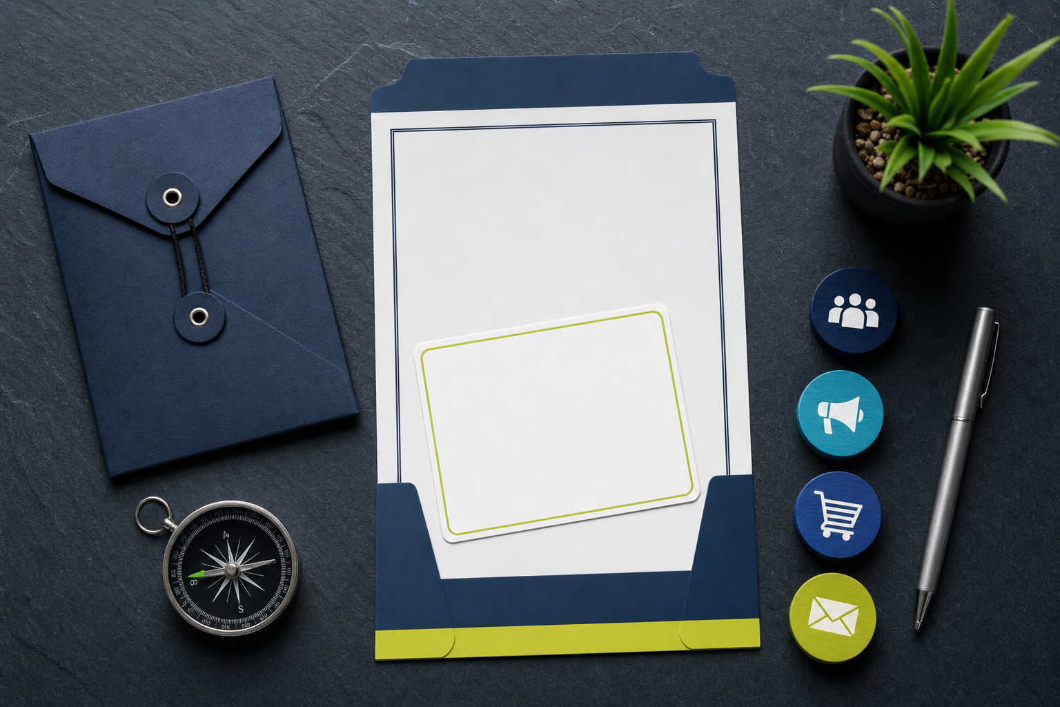 Planning folder, blank decision sheet, compass, and channel markers on a dark work surface