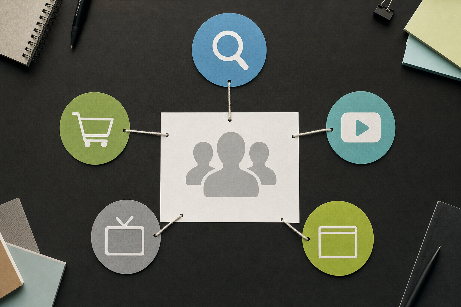 Audience card connected to search, retail, video, television, and display channel markers