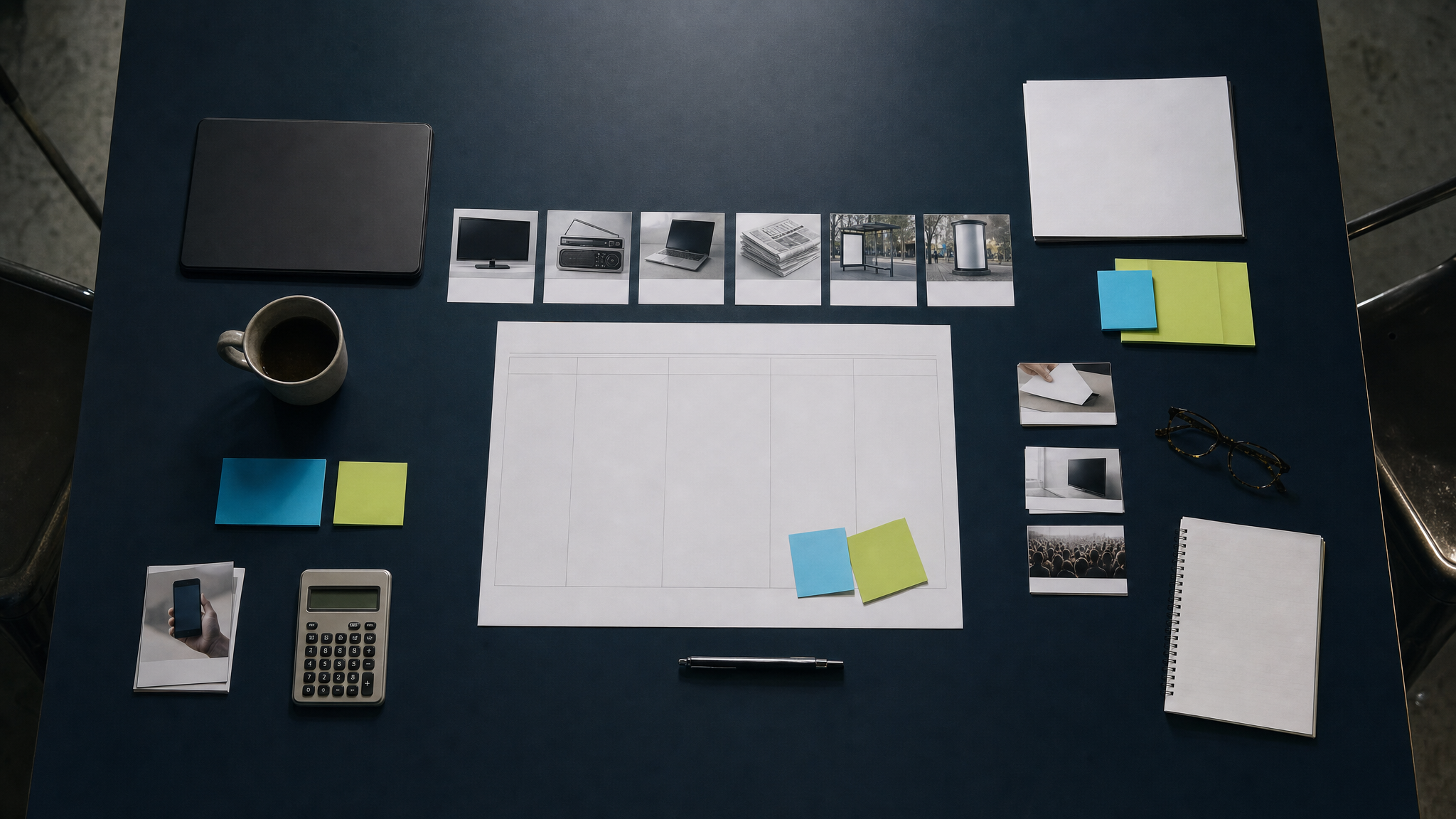 Media planning materials, channel reference cards, and a blank planning sheet on a dark table