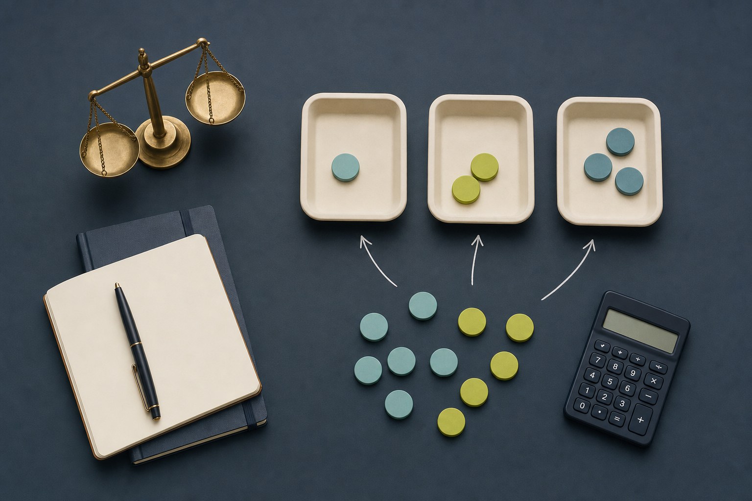 Budget tokens arranged around three trays, a balance scale, calculator, and notebook on a navy desk