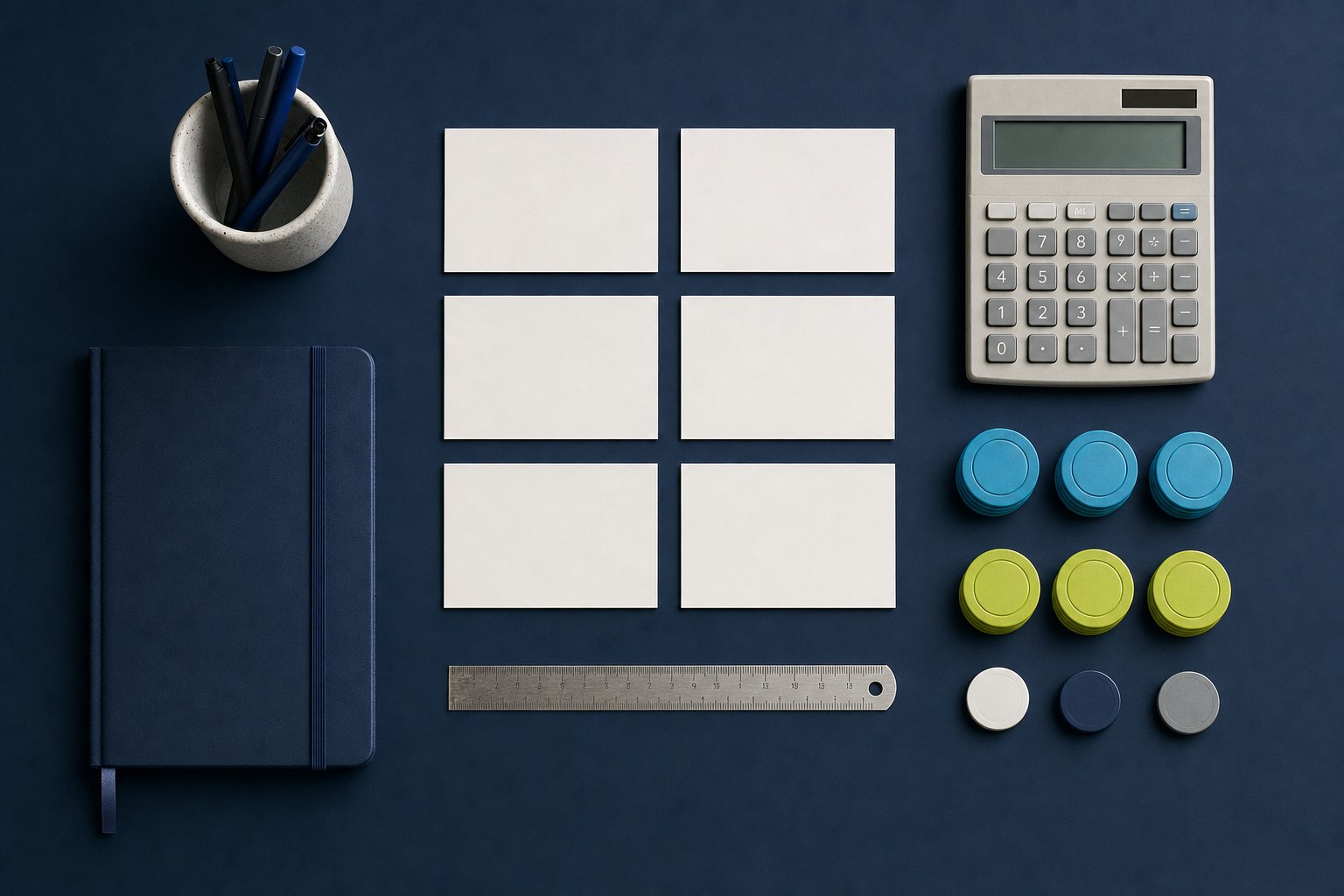 Campaign planning cards, calculator, notebook, ruler, and colored markers on a navy desk