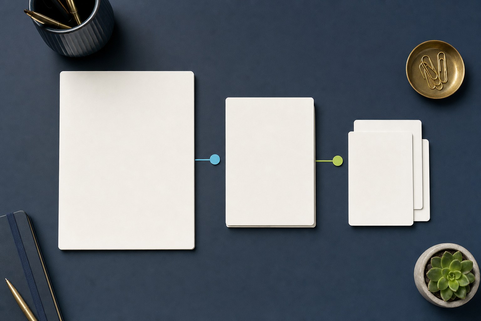 Blank report cards arranged from one large card to smaller connected cards on a navy desk