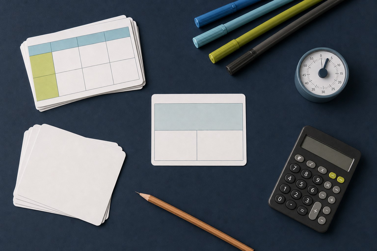 Blank scorecards, calculator, timer, pencil, and color markers arranged on a navy desk