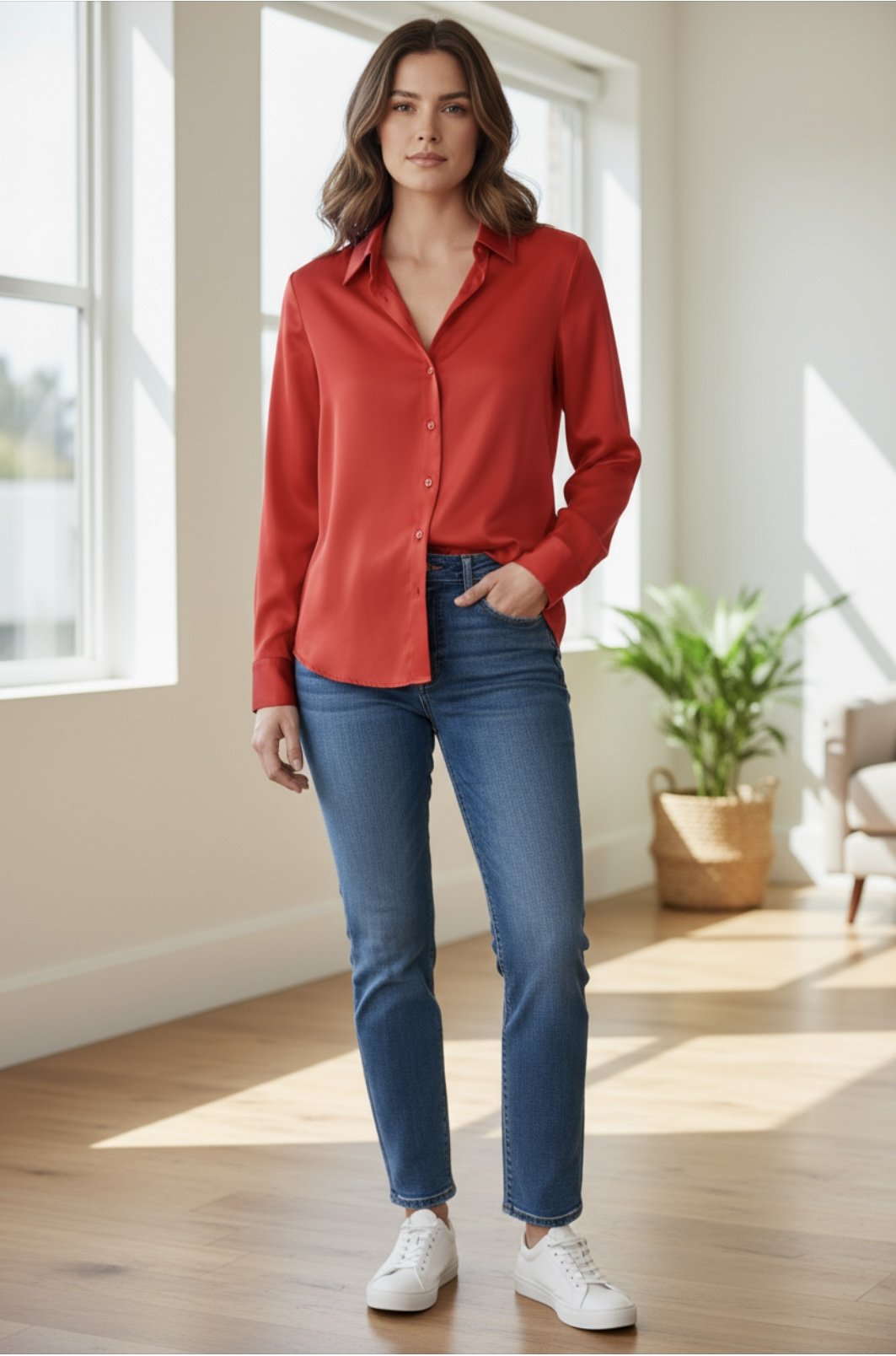 A new day Long Sleeve Collared Satin Button Down Shirt Scarlet Red. XS