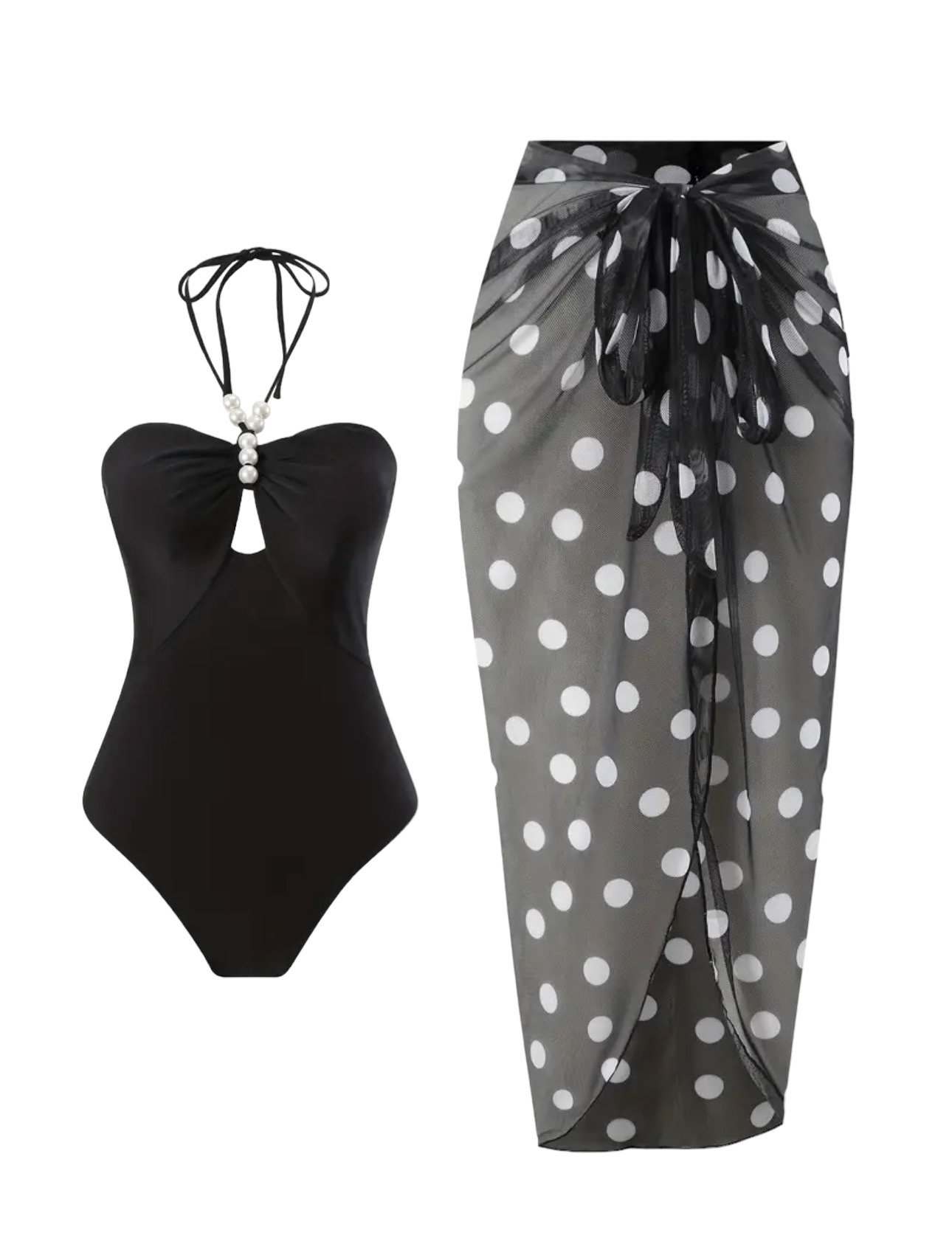 AD Beads Halter Hollow Out One-piece Bathing-suit & Polka Dots Coverup M