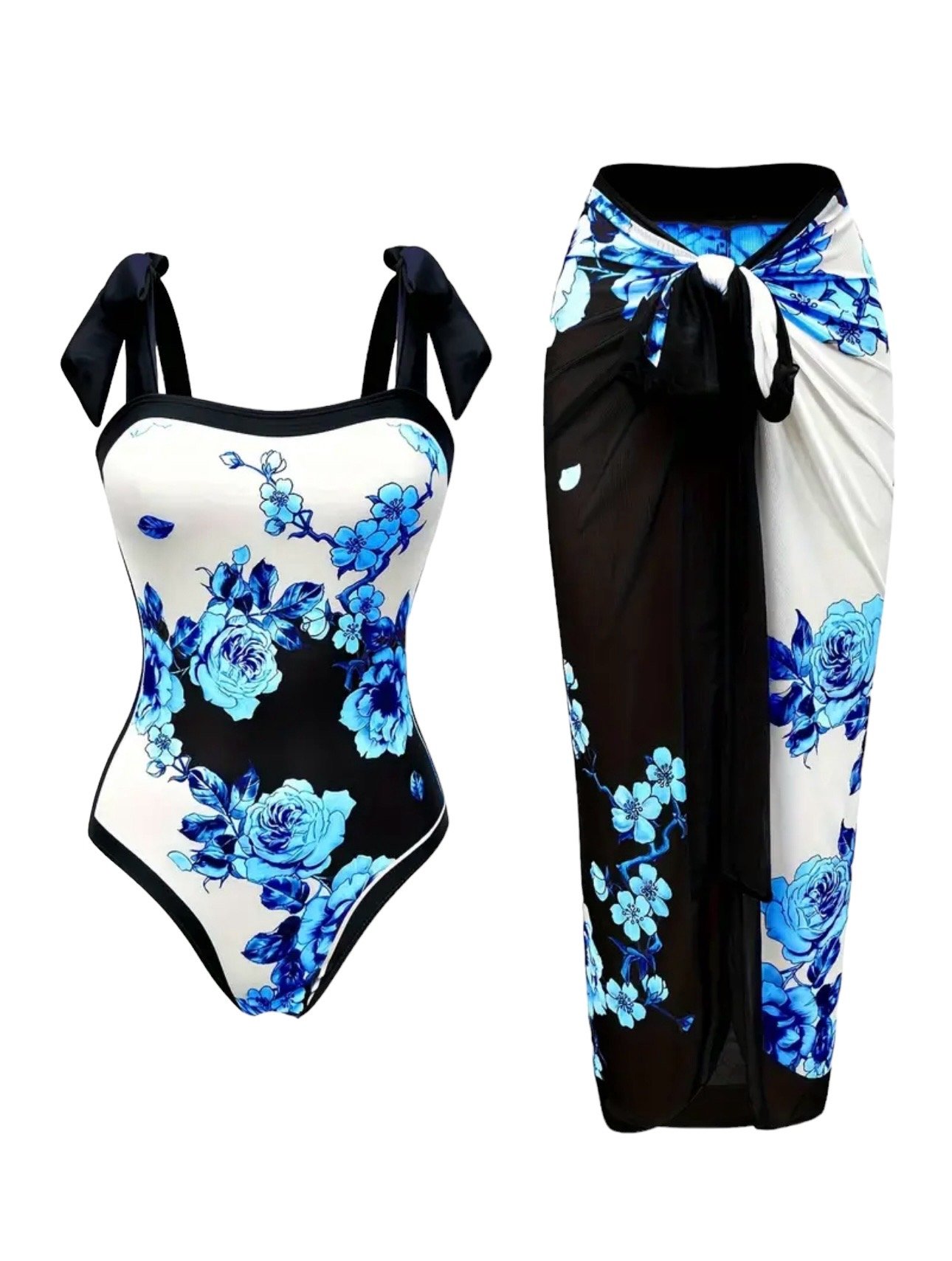 AD Floral Pattern 2 Piece Swimsuits Sky Blue L