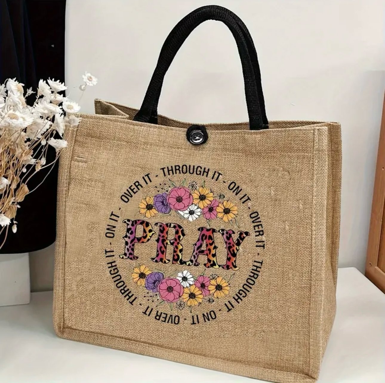 AD Large Capacity Fashion Letter Print Tote Bag “Pray”