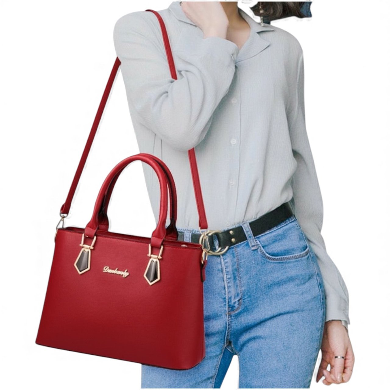 AD Womens Handbags Leather Satchel Shoulder Bag Tote Red/Gold