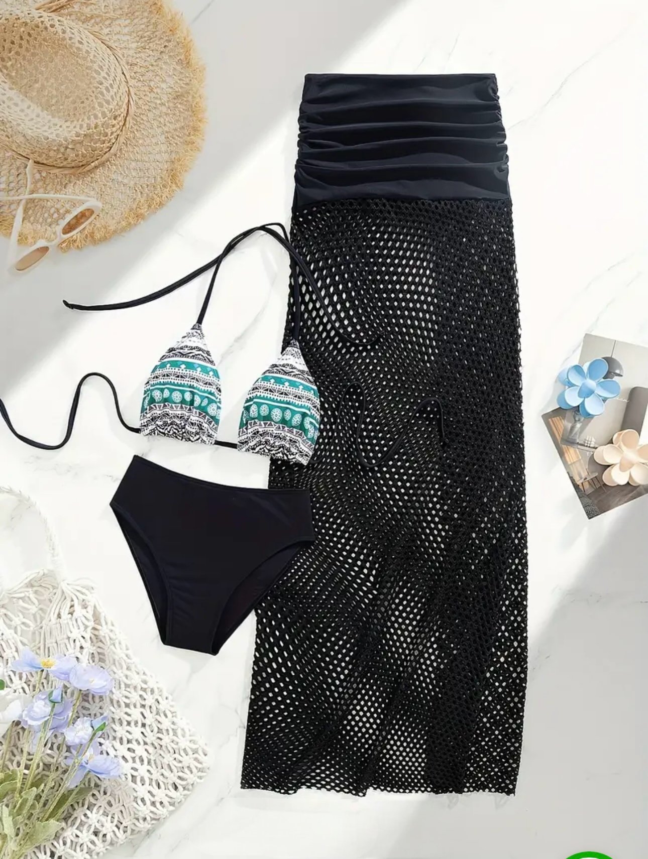 Andrea’s Deals Tribal Swimwear 3 Piece Triangle Halter Tie Strap Backless Bikini Set & Skirt Coverup Black L