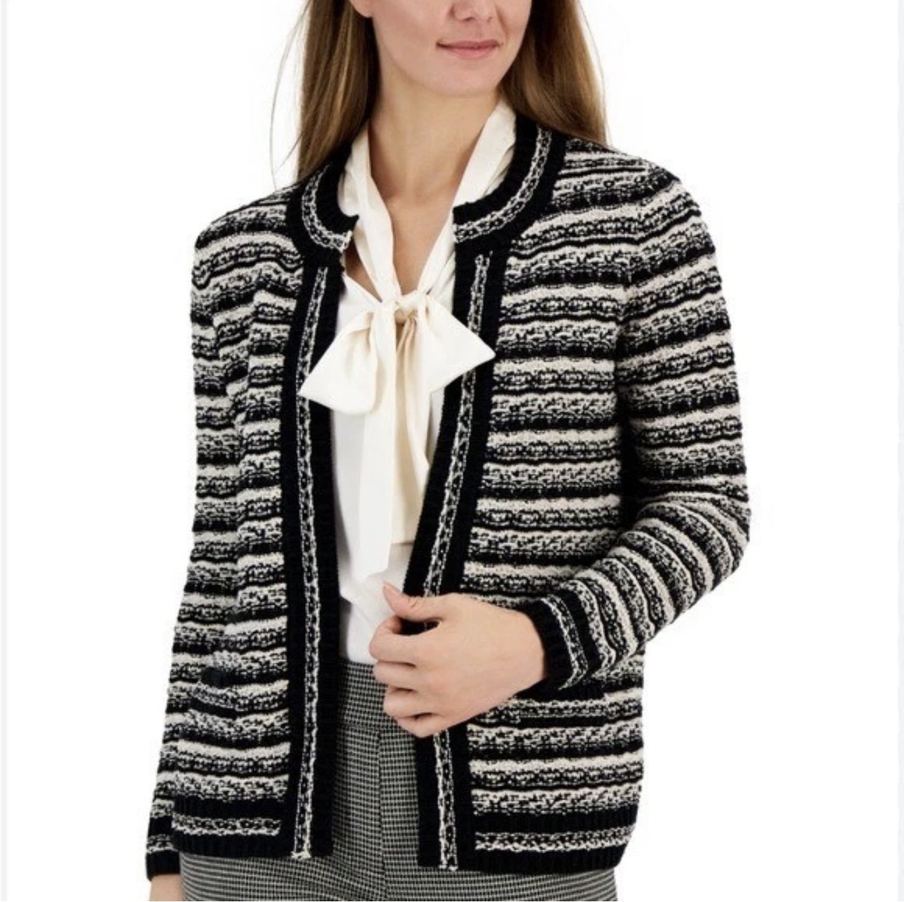 Anne Klein Women’s Mix-Stitch Open-Front Short Cardigan Bk/White M