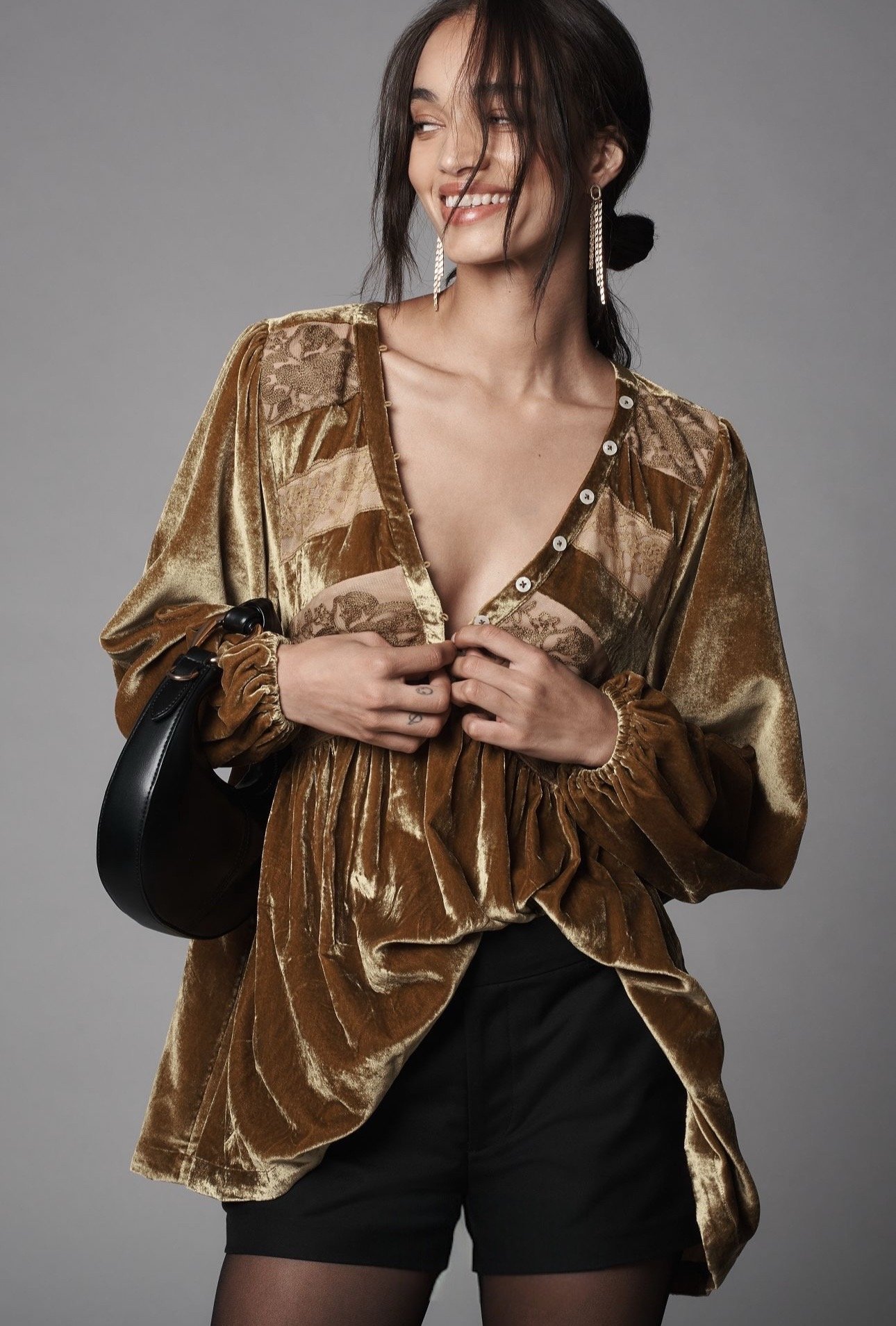 Anthropologie Long-Sleeve Velvet Lace Babydoll Top Gold Small