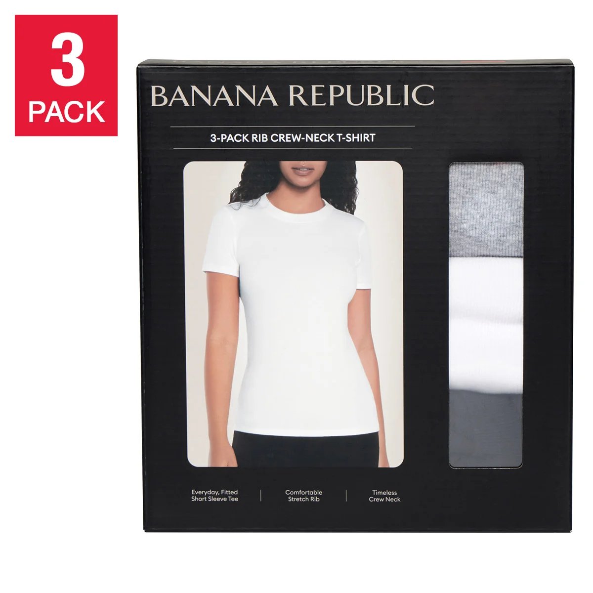 Banana Republic Women’s Ribbed Crewneck T-Shirt, 3-pack Grey, White, Bk L