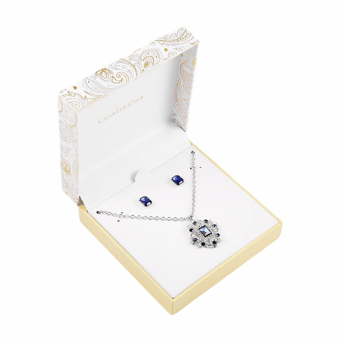 Charter Club Silver-Tone-Pave & Emerald cut Crystal Cluster Pendant Necklace & Stud Earrings Set.