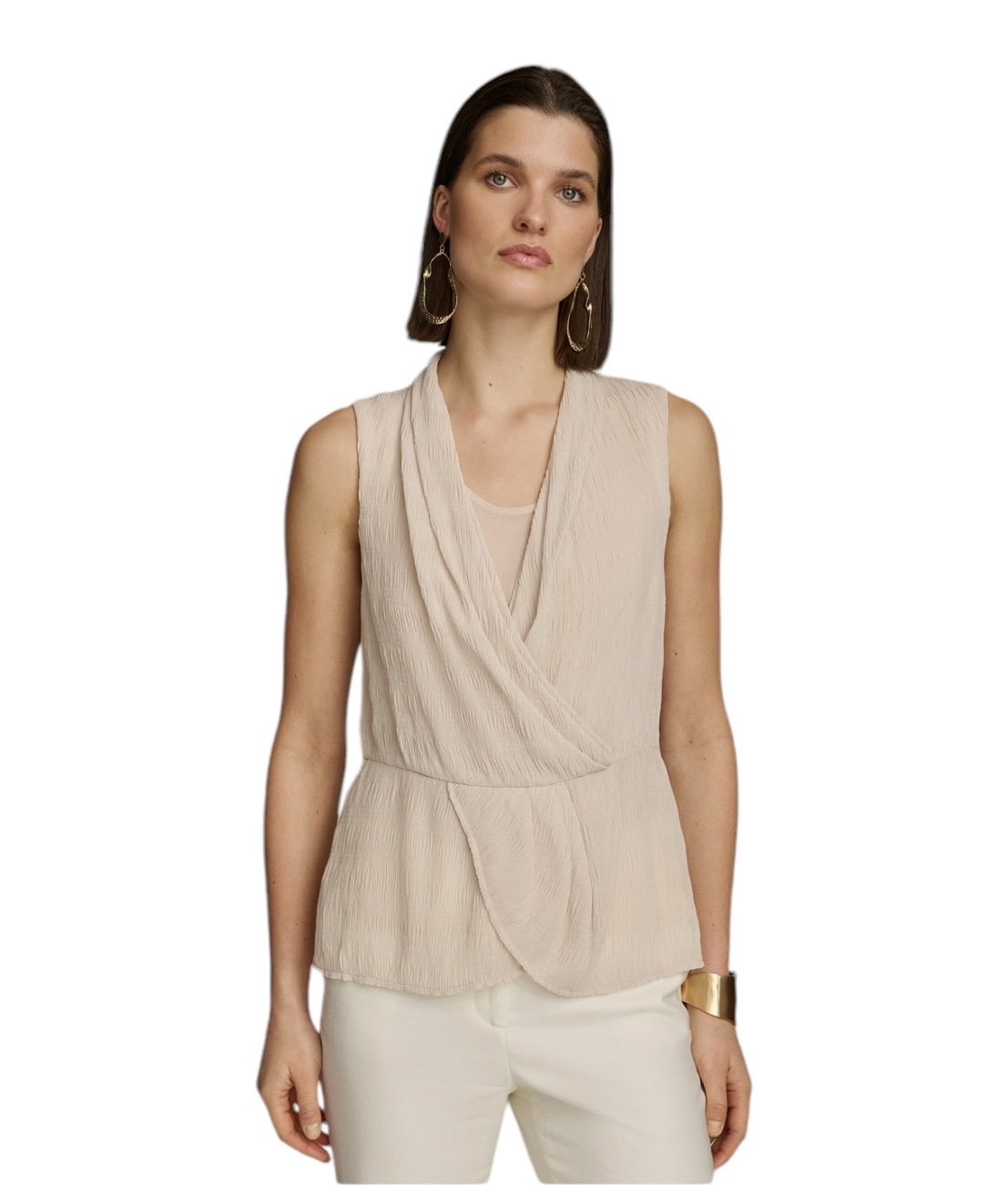 Donna Karan New York Women’s Faux-Wrap Sleeveless Top Sand M