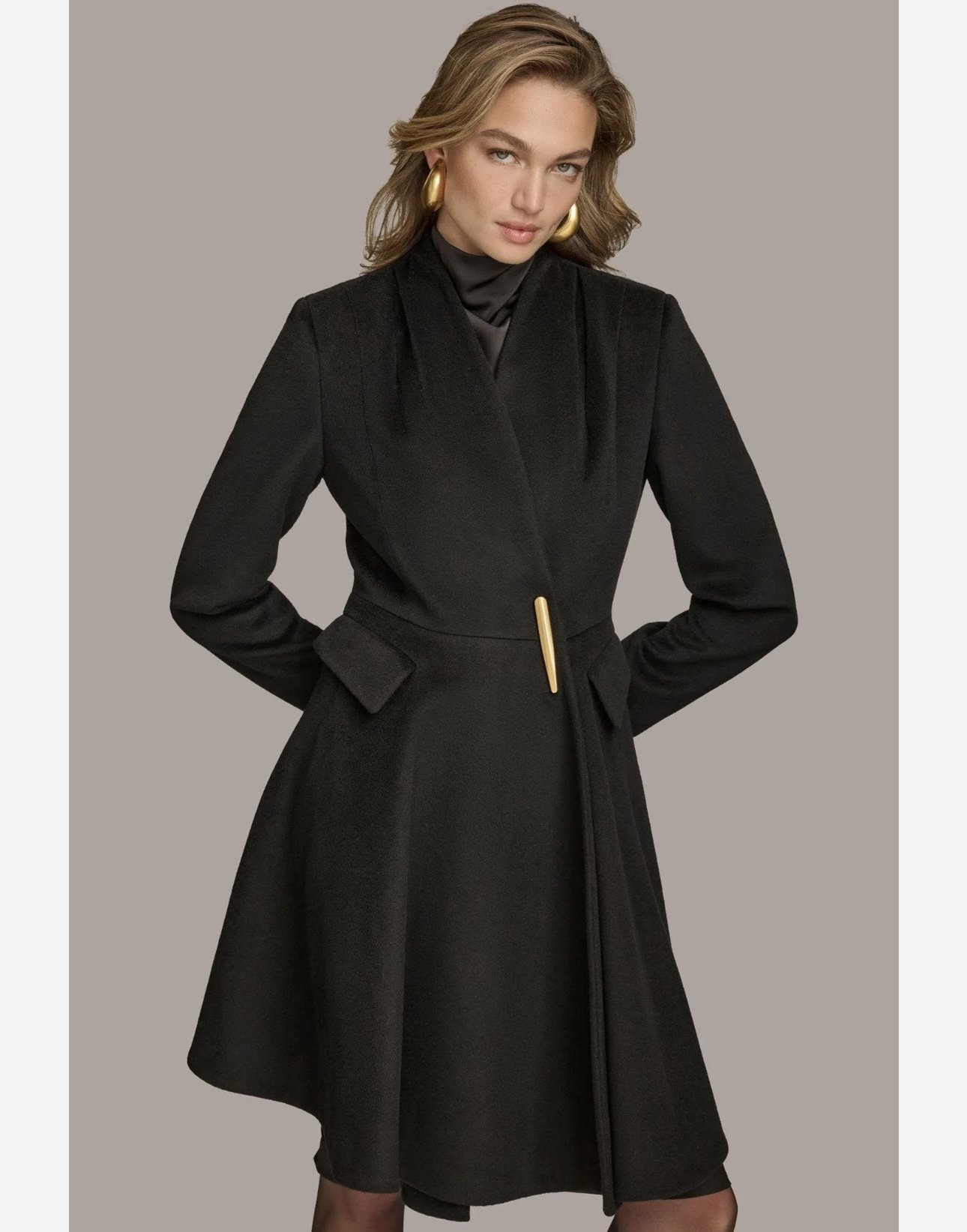 Donna Karan New York Women’s Pleated Single-Breasted Coat Black L