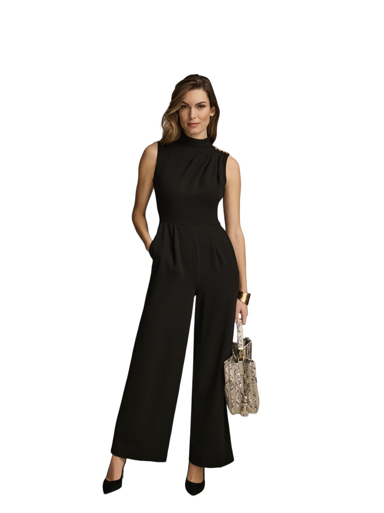 Donna Karan Women’s Mock-Neck Sleeveless Straight-Leg Jumpsuit Black Size 12