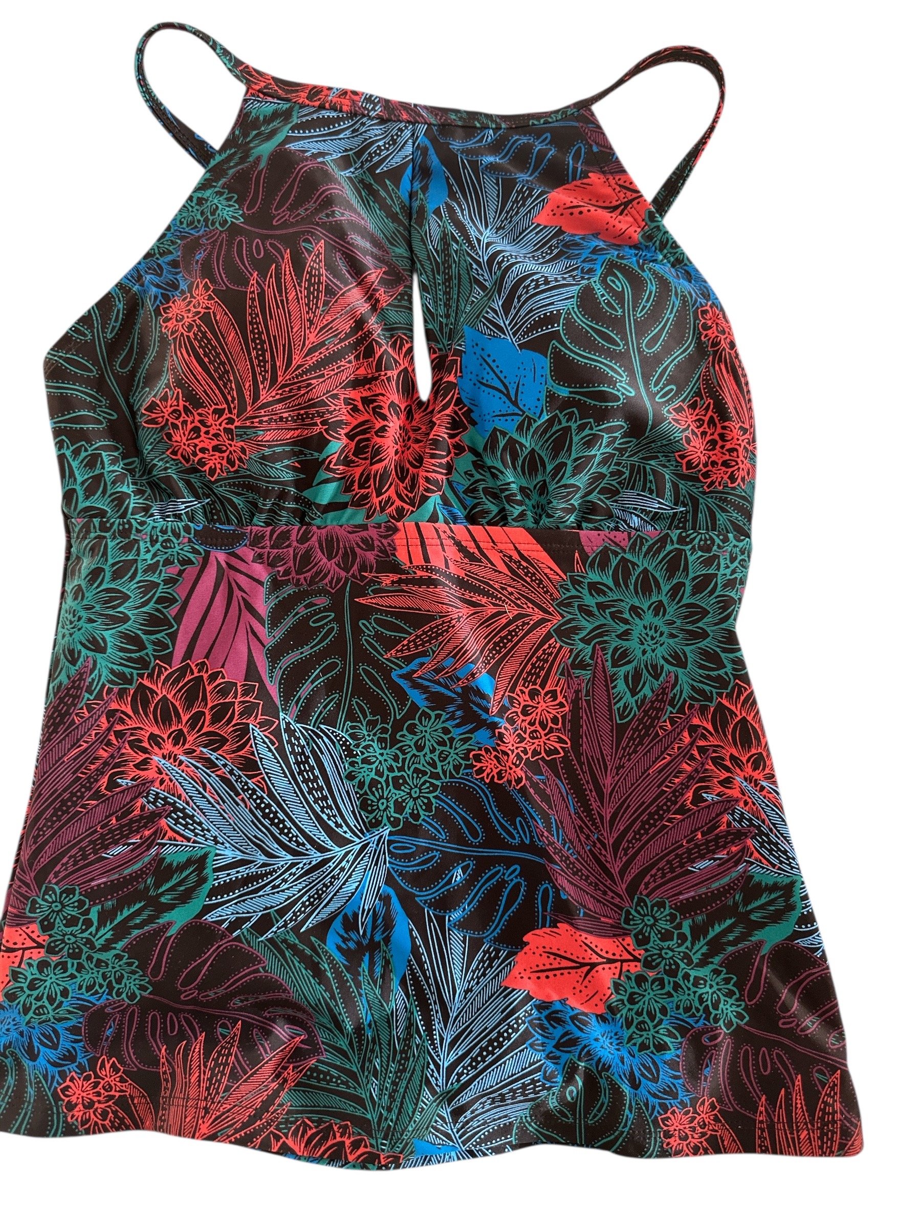 Ellen Tracy Tankini Floral Black Blue Orange Red Built in Bra Sz 6