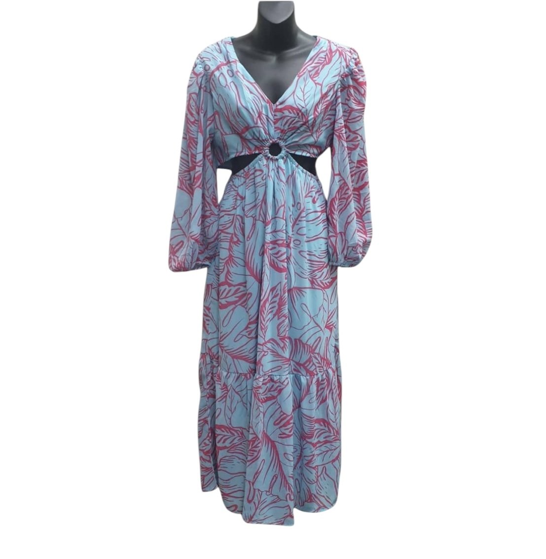 ESSICA SIMPSON Blue & Pink Tropical Floral Cutout Waist Maxi Dress M