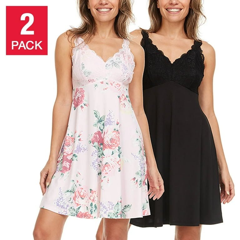 Flora Nikrooz Women’s 2-Pack V-Neck Soft Lace Trim Chemise Pink/Black L