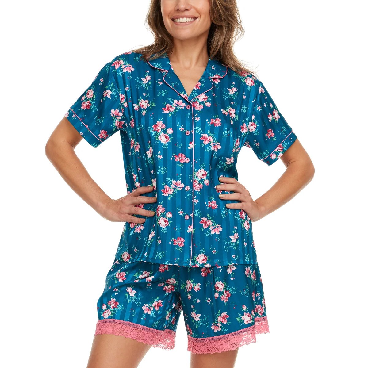 Flora Nikrooz Women’s Notch Collar Soft Satin Blue PJ Set XL