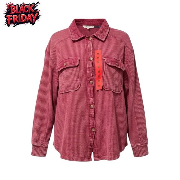 From Free People Briggs Women’s Button Front Waffle Shirt Dark Pink M