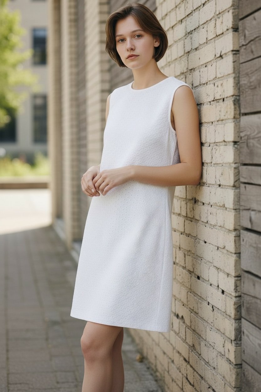 Isaac Mizrahi white, sleeveless shift dress with a textured knit Large