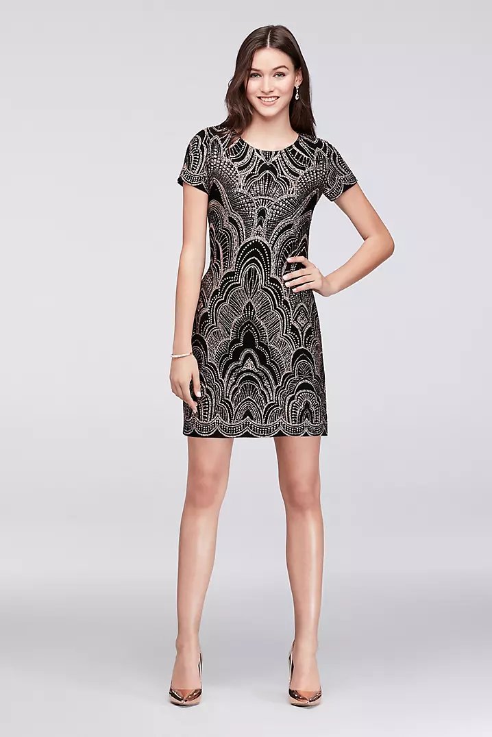 JUMP Glitter Motiff Print Cap Sleeve Mini Dress Black S