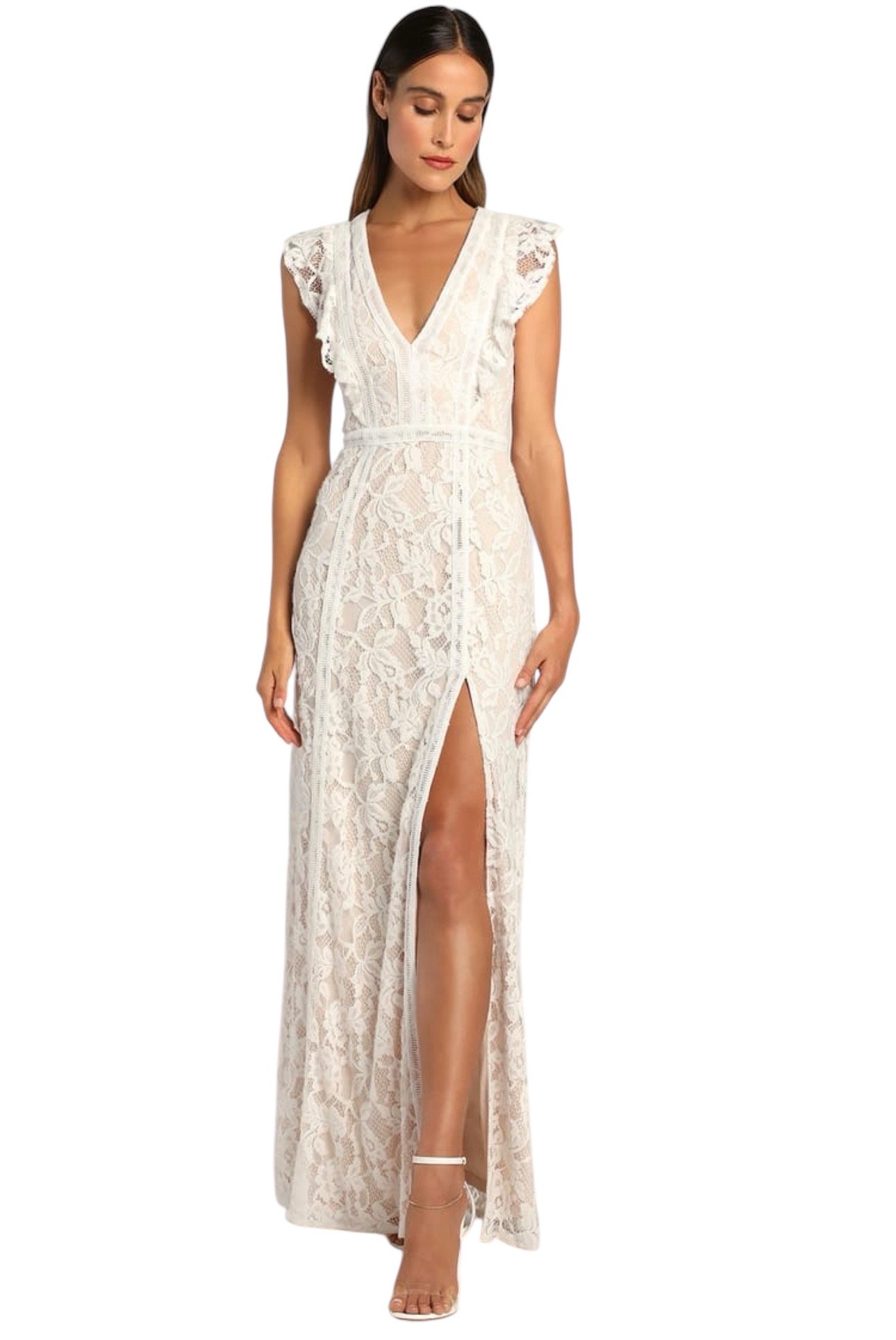 Lulus Lace White/Beige Maxi Dress Ruffled M