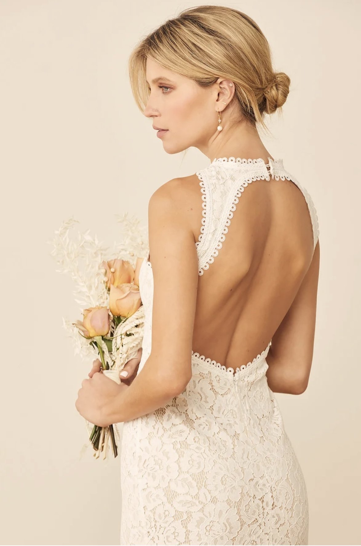 Lulus “Love Everlasting” White and Nude Floral Lace Mermaid Maxi Dress M