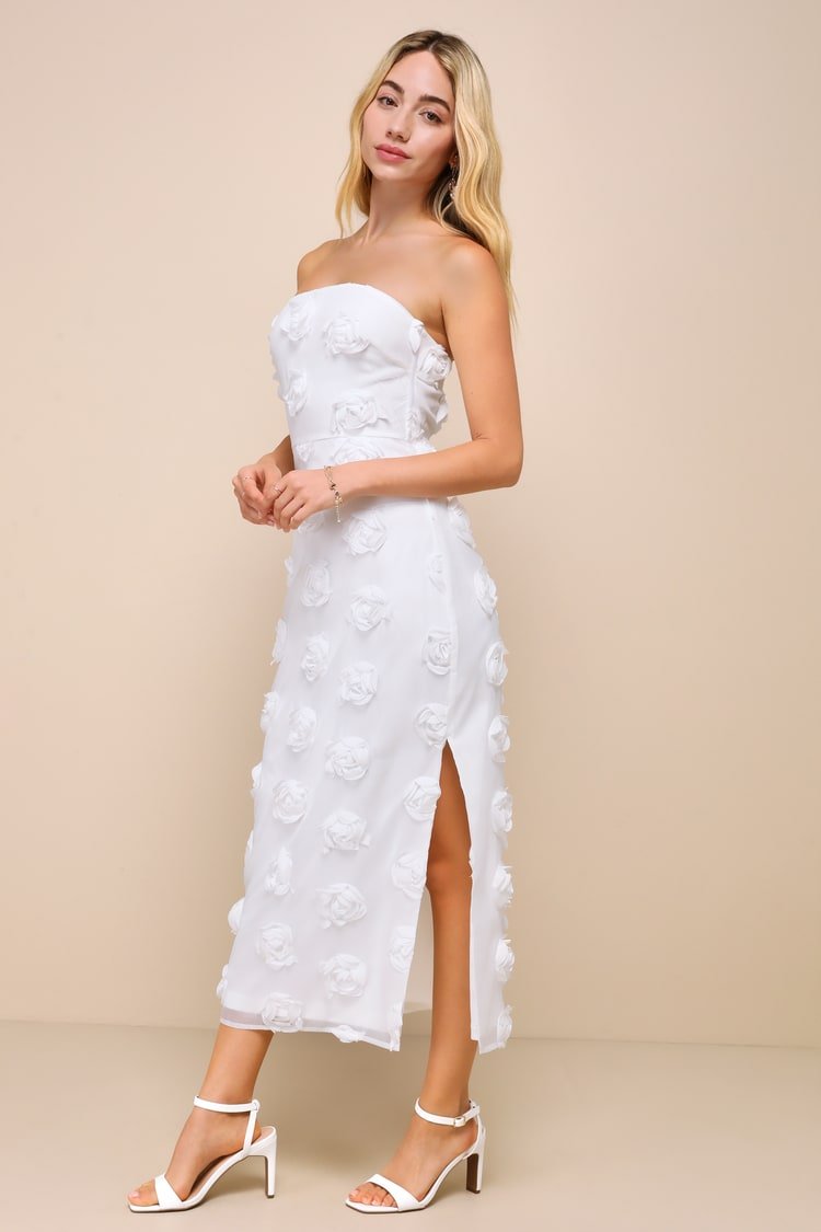 Lulus Posh Appearance White 3D Floral Applique Strapless Midi Dress L