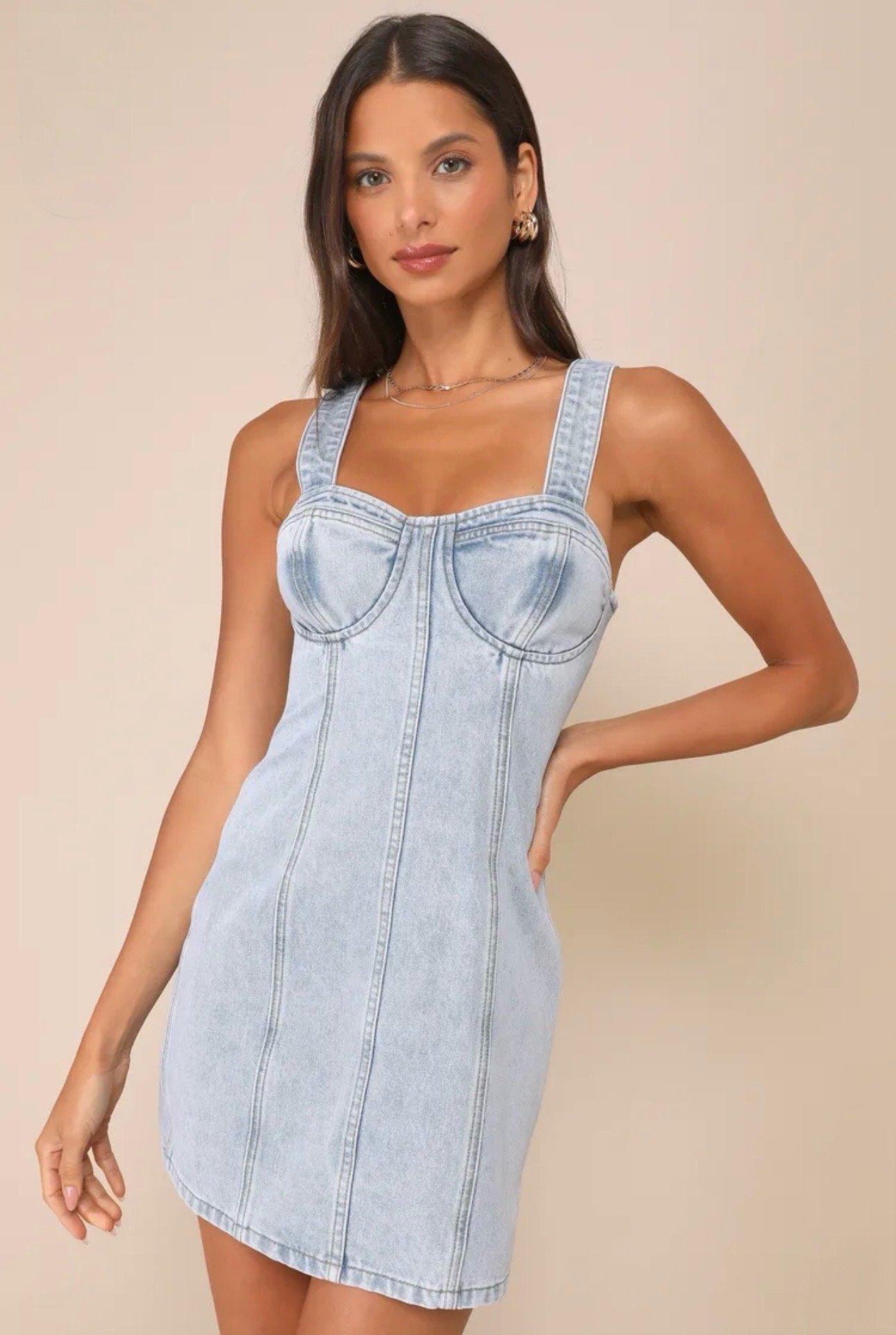 Lulu’s Stylish Daze Light Wash Denim Sleeveless Bustier Mini Dress M