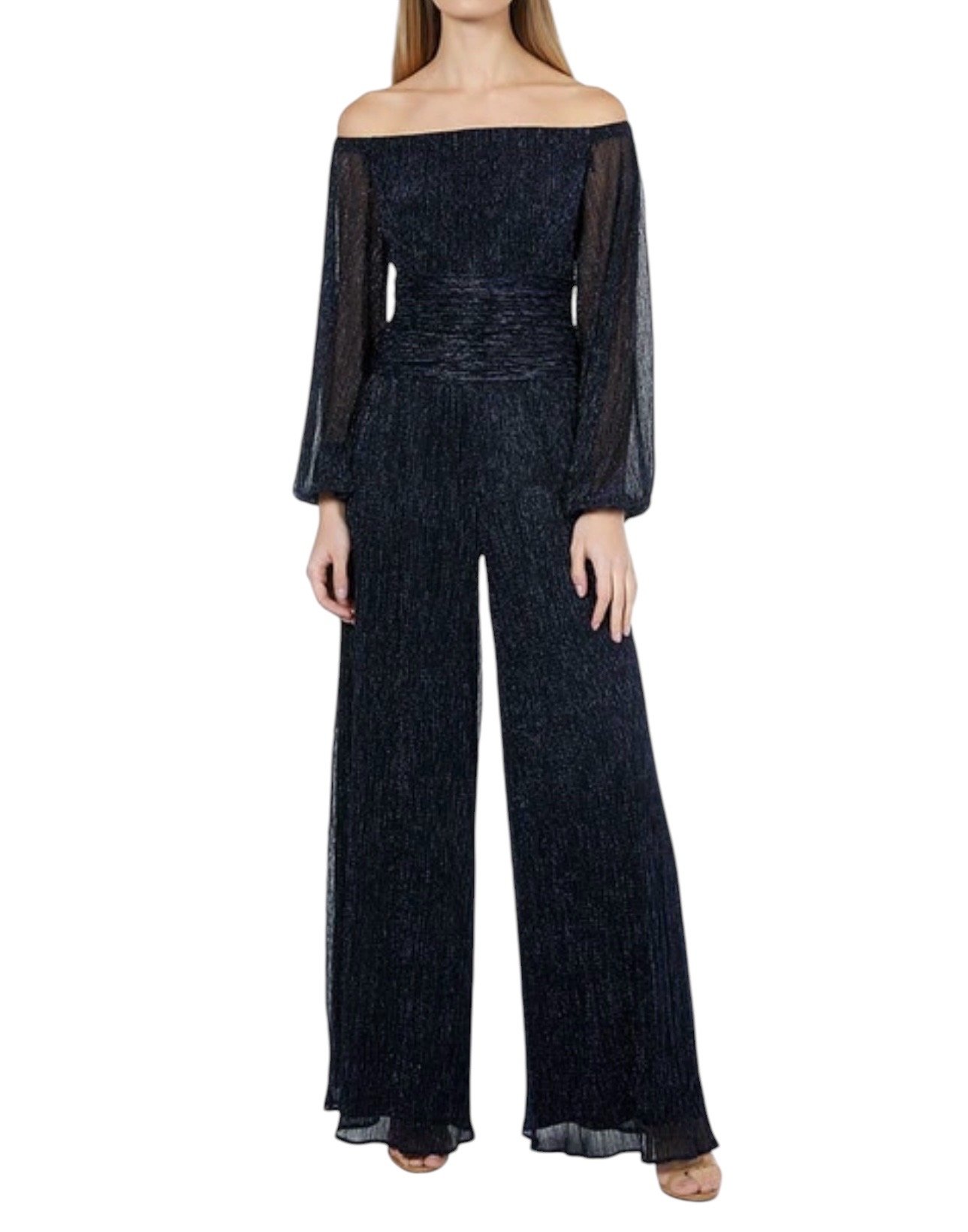 Marina Off-the-shoulder Metallic Jumpsuit Navy 4