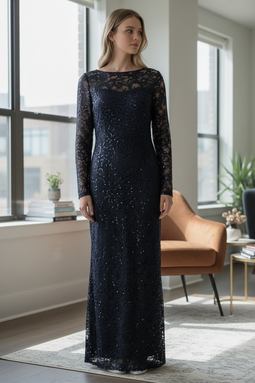 Marina Sequin Lace Long Sleeve Gown Navy Blue S