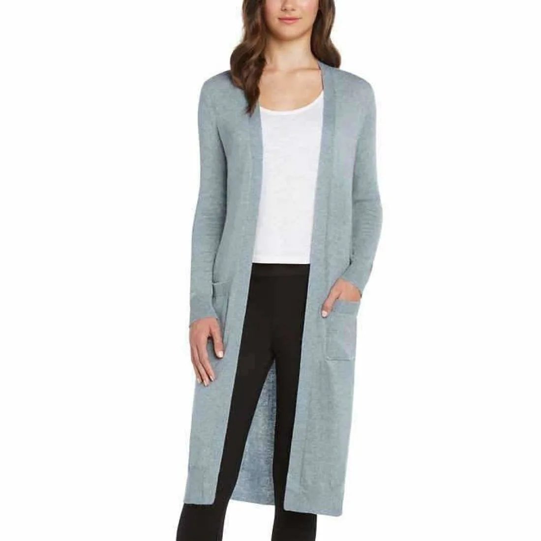 Matty M Duster Open Front Knit Cardigan Long Sweater Heather Denim S