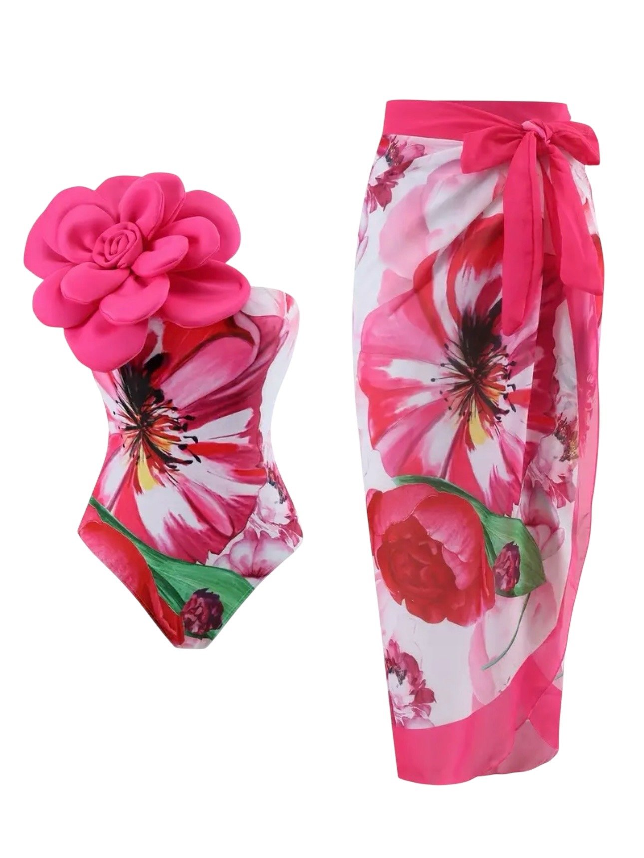 Music Festival European and American Two-piece Swimsuit Set Rose M Hot Pink (Copy)