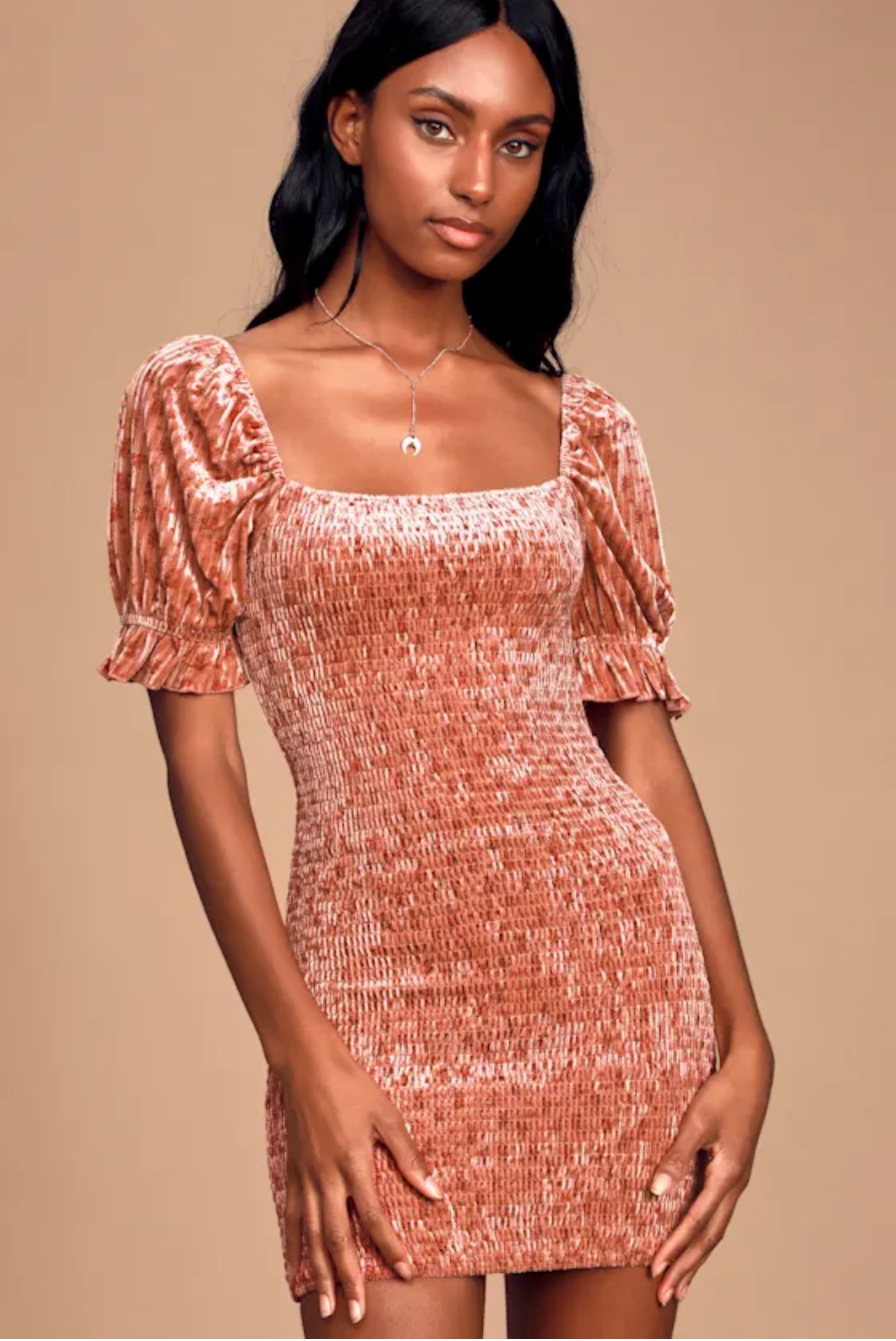 My Fleur-ever Rusty Rose Floral Print Velvet Smocked Mini Dress Rusty Rose S